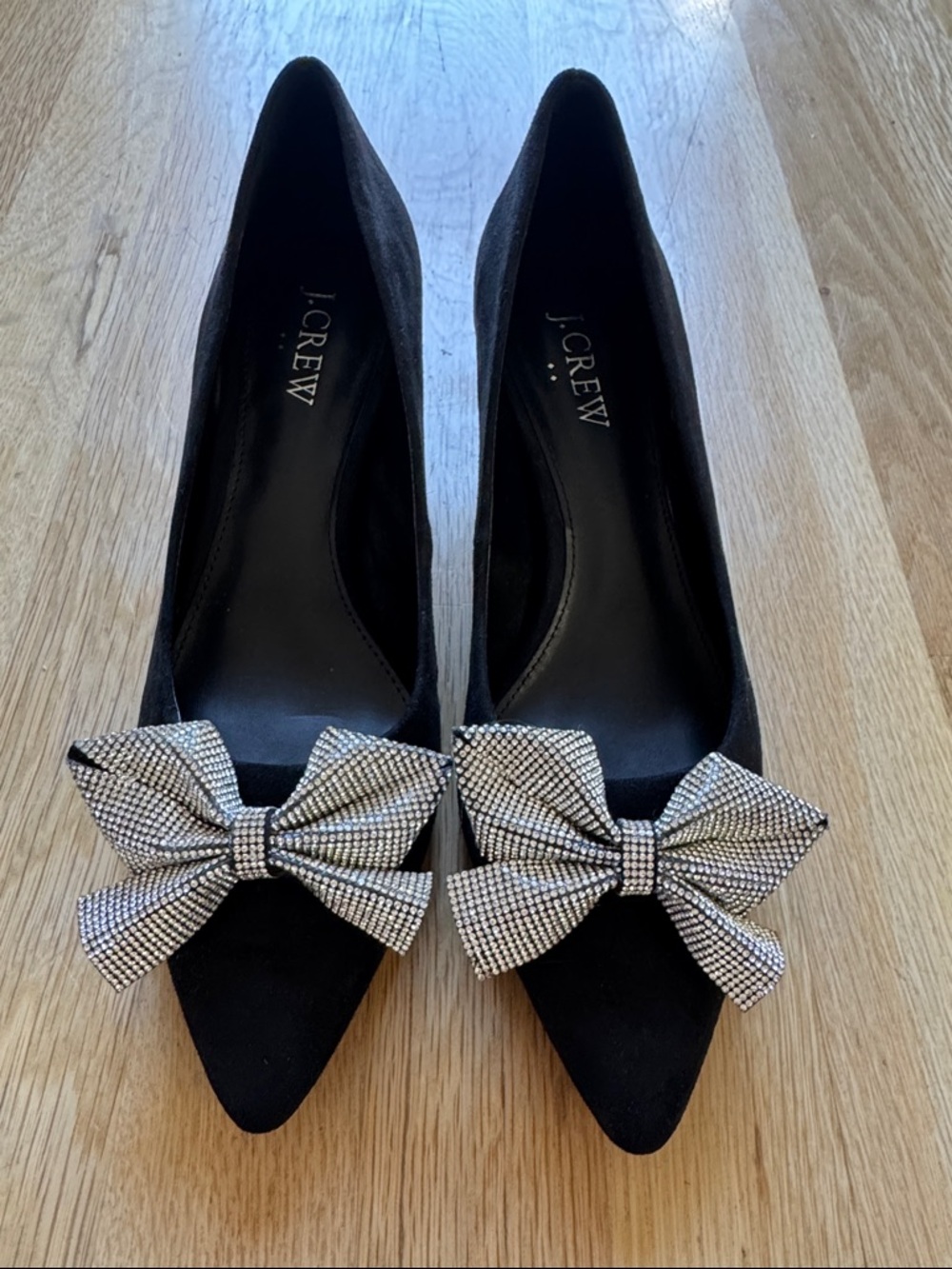J.Crew Rhinestone Bow Esme Heels Black Crystal-Bow Kitten Heels 6.5